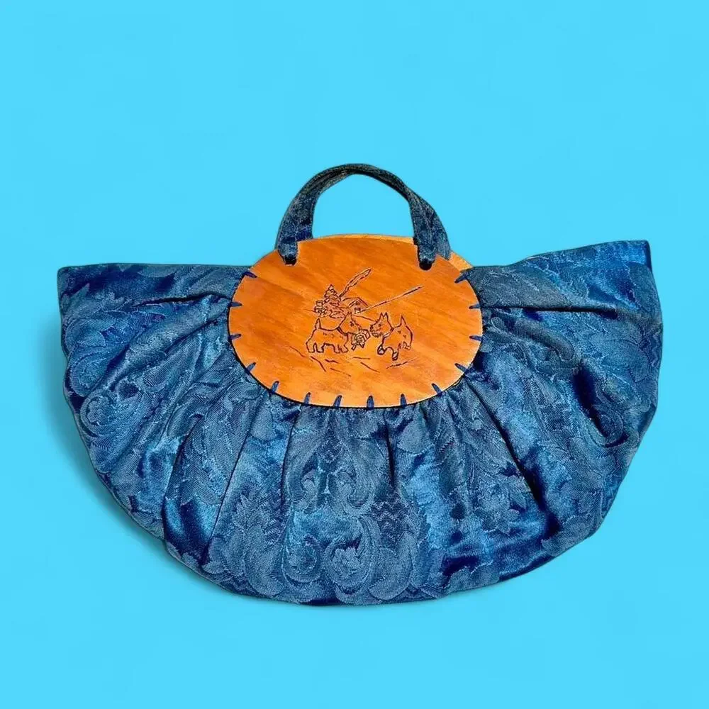 `1940s blue handmade silk tapestry novelty dog crescent shaped handbag